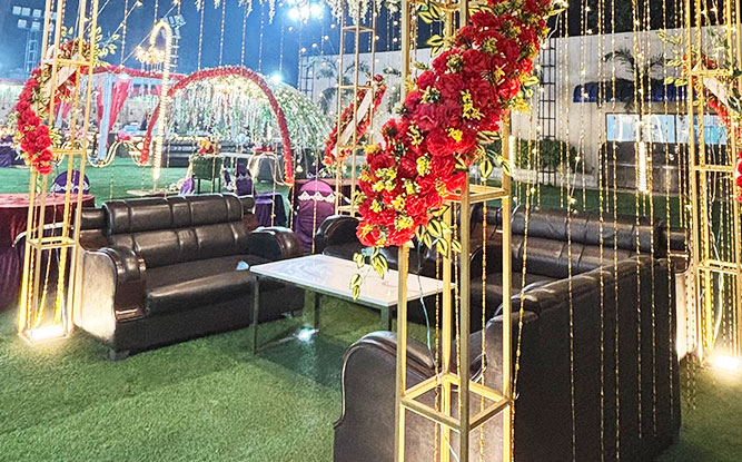 Floral arch seating setup